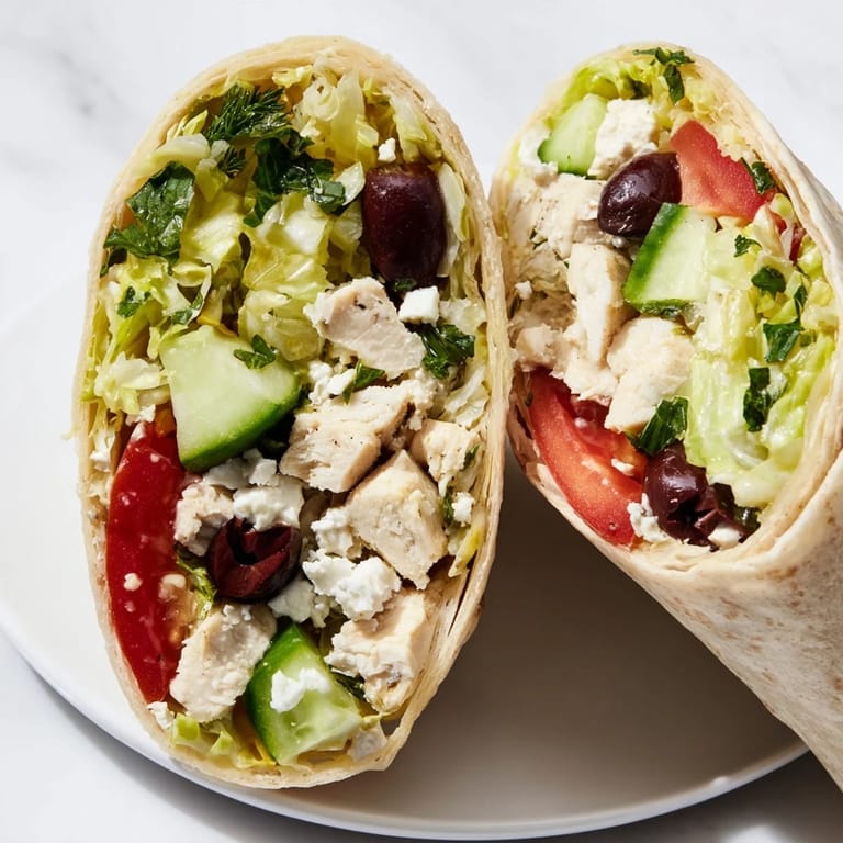 Vibrant, colorful Greek Lemon Chicken Salad Wrap sliced in half to reveal layers of shredded romaine, marinated chicken, and Greek salad ingredients, ideal for a healthy and satisfying dinner.