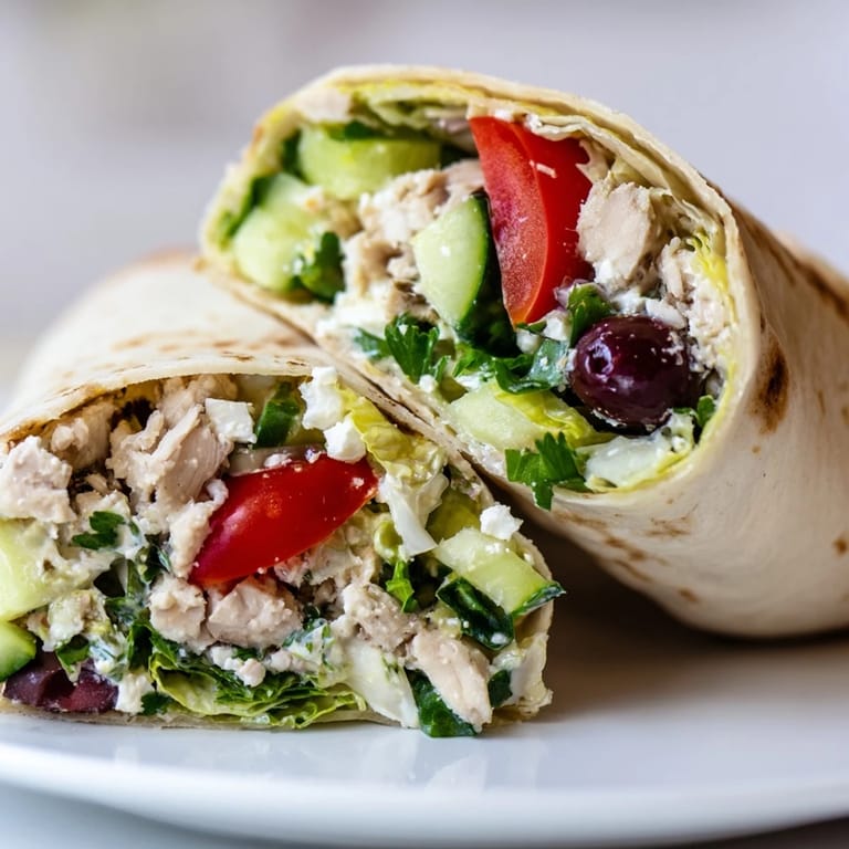 Warm, freshly rolled Greek Lemon Chicken Salad Wrap on a rustic wooden table, with a side of tangy feta and a sprinkle of fresh parsley, perfect for a quick Mediterranean lunch.