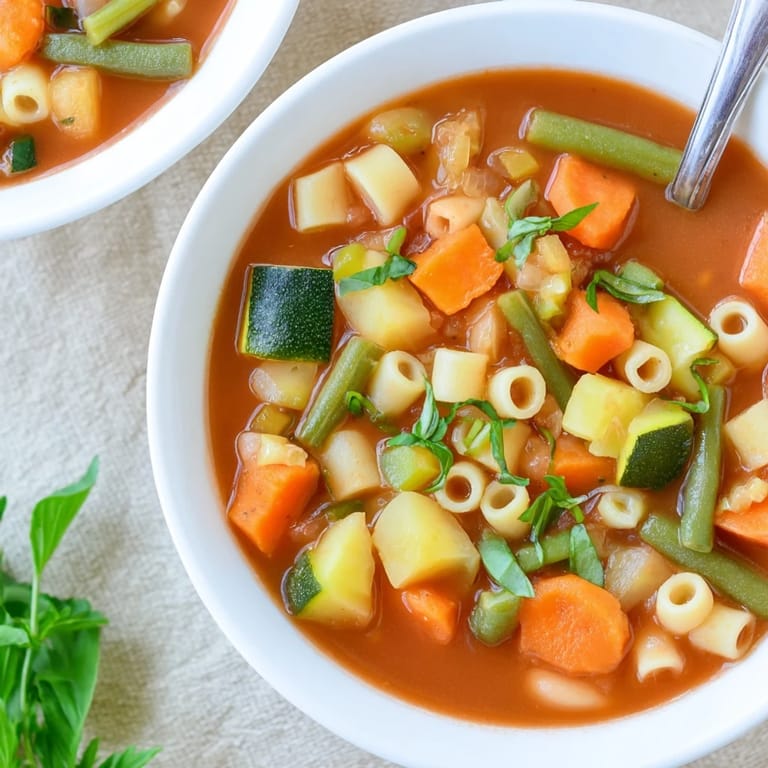 A vibrant ladle of Minestrone Vegetable Soup lifted from the pot, revealing tender vegetables and al dente pasta.
