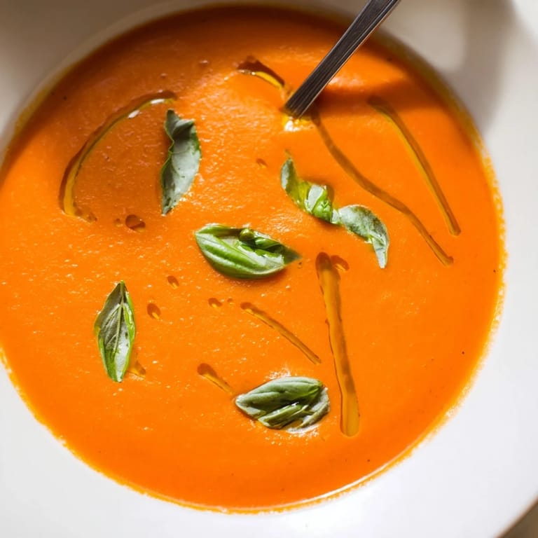 Hearty Tomato and Basil Soup simmered with ripe tomatoes, garlic, and onions, ready to enjoy on a cozy evening.