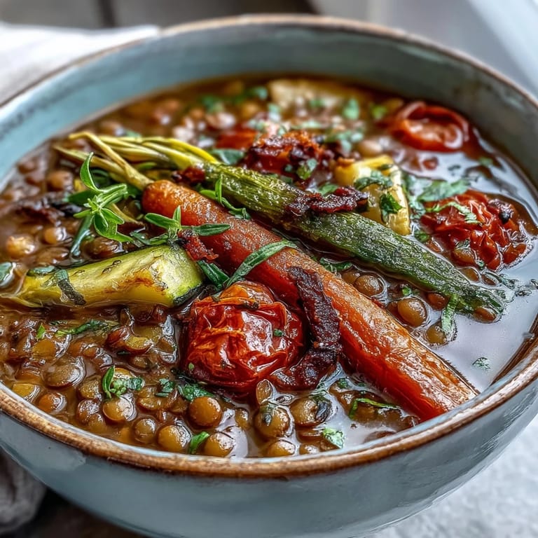 Earthy green lentils and roasted vegetables in a savory Lentil and Vegetable Soup served beside crusty bread.