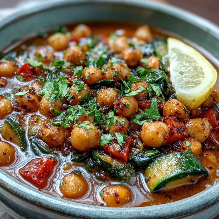 A ladle scooping hearty Chickpea Stew from a Dutch oven onto a plate.