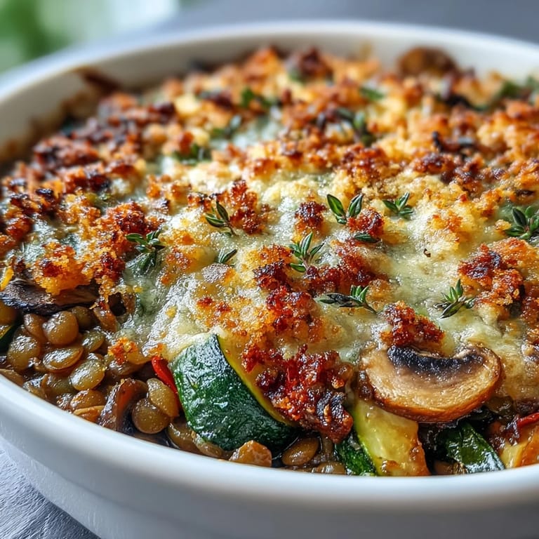 Hearty Green Lentil and Vegetable Casserole served alongside a crisp green salad and rustic bread.
