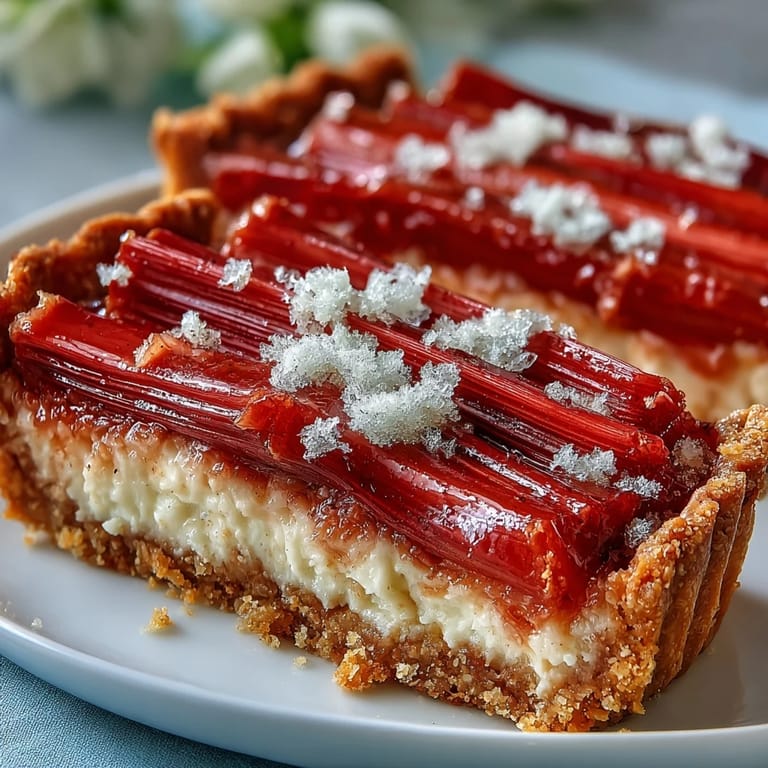A close-up of the Rhubarb, White Chocolate, and Elderflower Tart, showing smooth custard and bright spring rhubarb pieces.