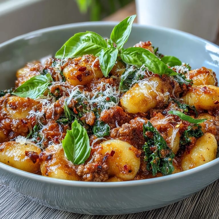 Steamy bowl of homemade Italian-inspired Sausage Gnocchi with Kale, garnished with grated Parmesan cheese and a side of crusty bread.