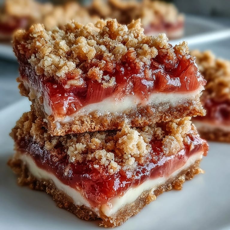 Close-up of Rhubarb and Custard Crumble Bars topped with crunchy crumble, with fresh rhubarb stalks and vanilla beans nearby.