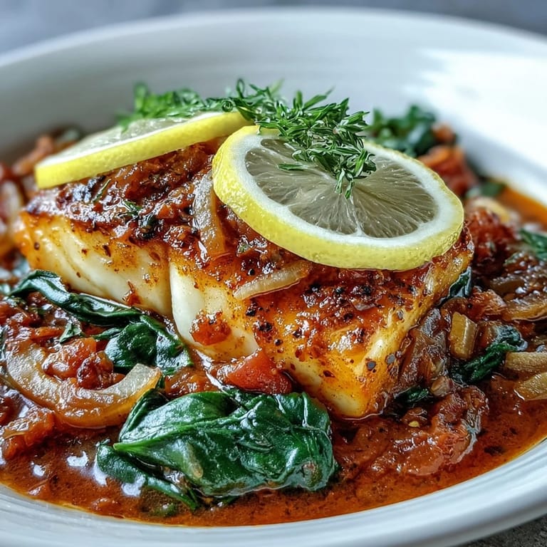 A close-up of Spiced Cod One Pot, showing flaky cod nestled in a rich, aromatic vegetable sauce.