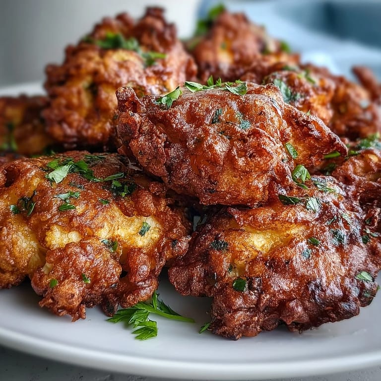 A close-up shows spiced cauliflower florets in a crunchy chickpea batter, ready to dip.