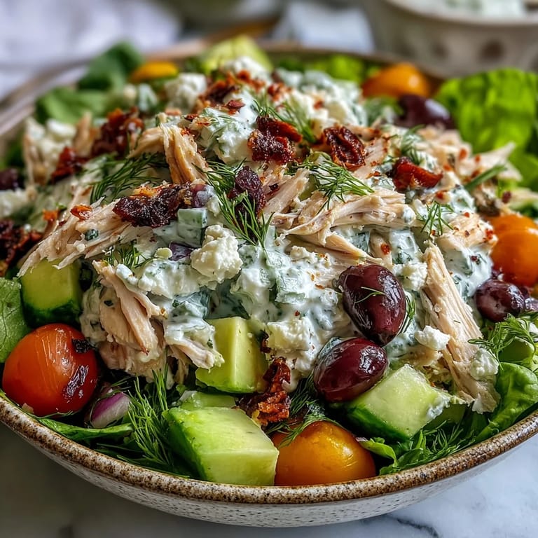 Creamy Tzatziki Chicken Salad tossed with diced red onion and cherry tomatoes, garnished with fresh dill, showcasing a refreshing, easy dinner idea.