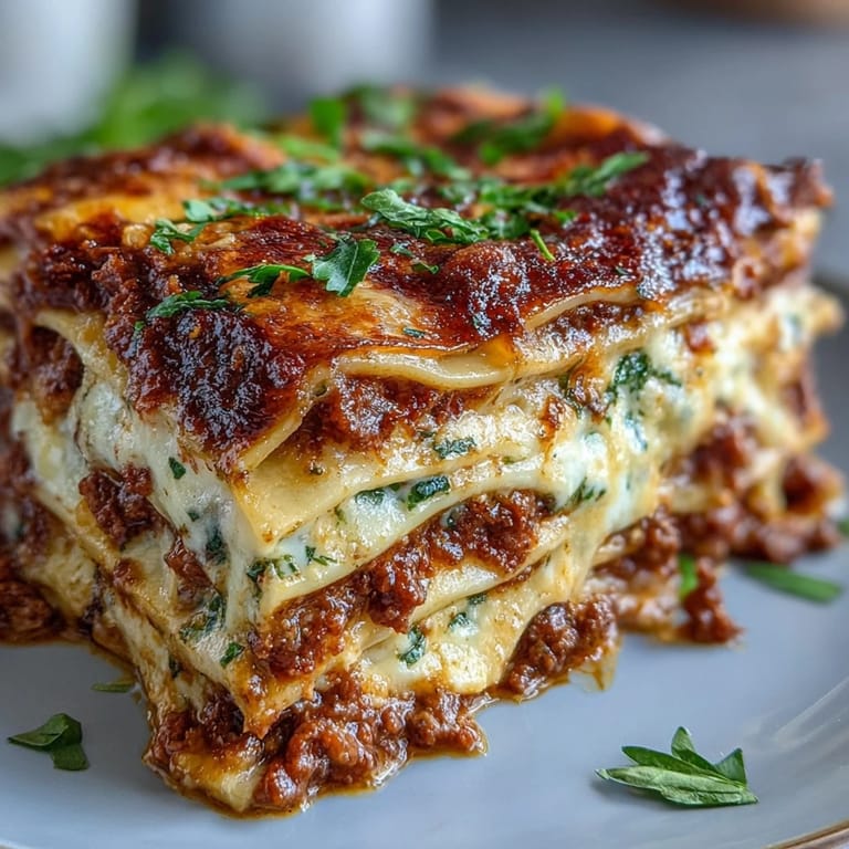 Staged on a rustic wooden table, Worlds Best Lasagna pairs beautifully with fresh basil leaves and a glass of red wine.