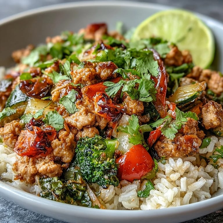 Healthy Ground Turkey Bowl served with sautéed cherry tomatoes, broccoli, and a side of lime wedges for zest.