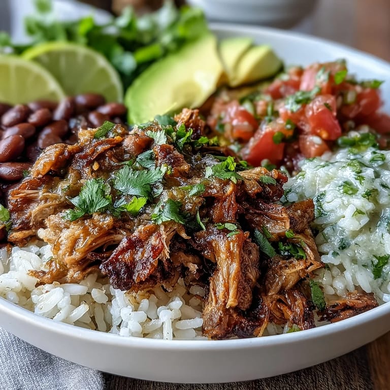 Hearty pork carnitas over white rice and beans, ready to customize with salsa.