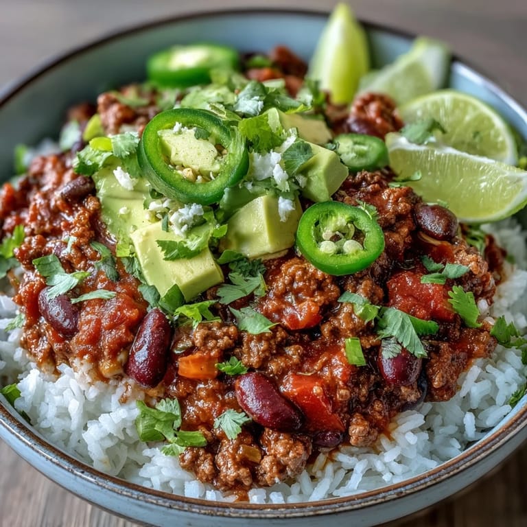 Spicy ground beef chili simmered with beans and corn, served over rice with fresh avocado and lime wedges.