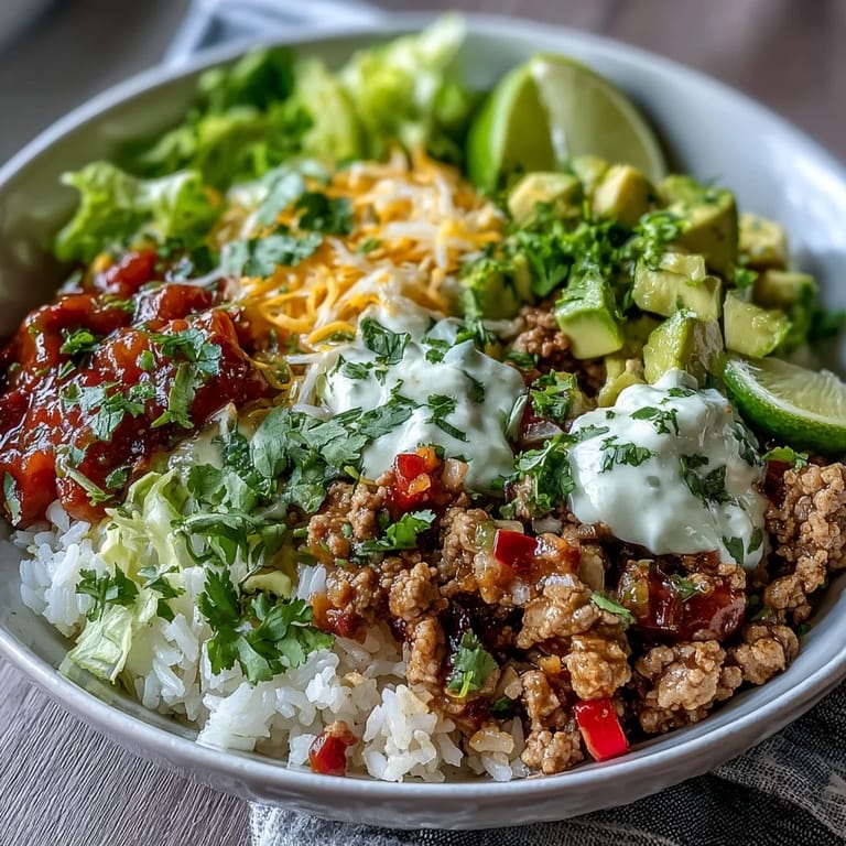 Overhead view of a Turkey Taco Bowl with turkey, rice, tomatoes, avocado, cheese, and salsa, ready to enjoy.