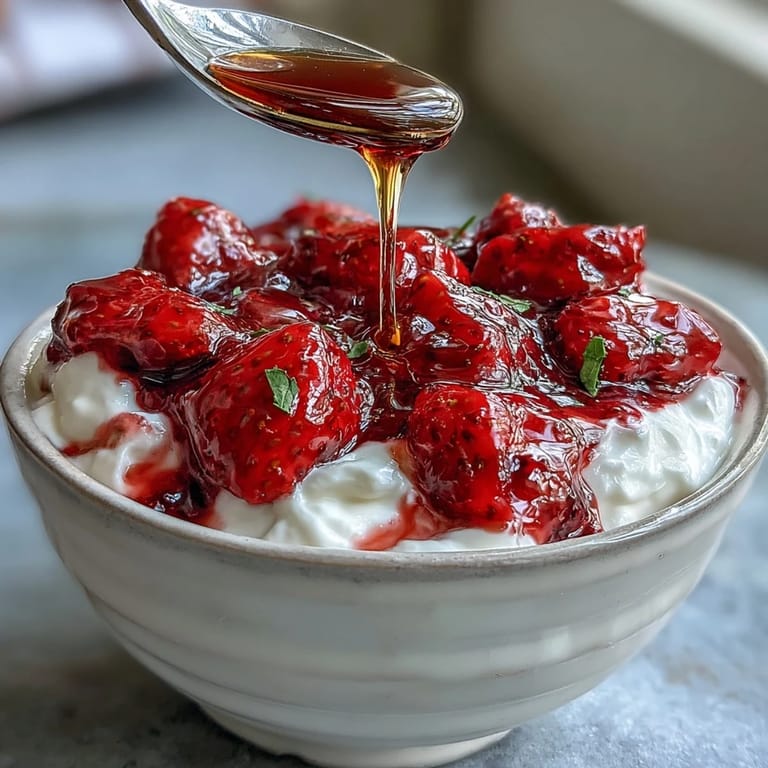 Fresh strawberry compote drizzled over thick Greek yogurt, garnished with nuts and a swirl of honey.
