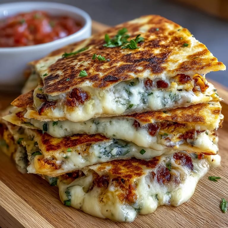 Cheesy, veggie-packed mini quesadilla triangles cut into bite-sized wedges, paired with fresh, tangy salsa for dipping.