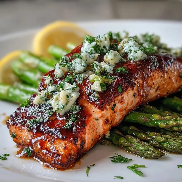 Elegant garlic butter salmon with asparagus, where succulent salmon fillets and vibrant green asparagus are baked together for a simple, healthy, and flavorful dinner.