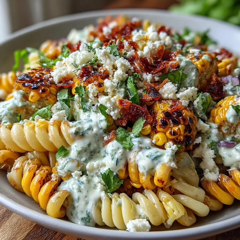 Vibrant pasta salad featuring charred corn, tangy lime dressing, and fresh cilantro, inspired by classic Mexican street food flavors.
