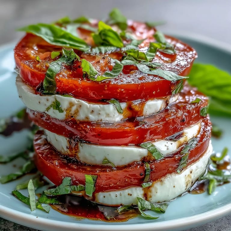 Creamy mozzarella and juicy tomatoes arranged with fresh basil, finished with a vibrant basil oil drizzle in this easy Caprese salad.
