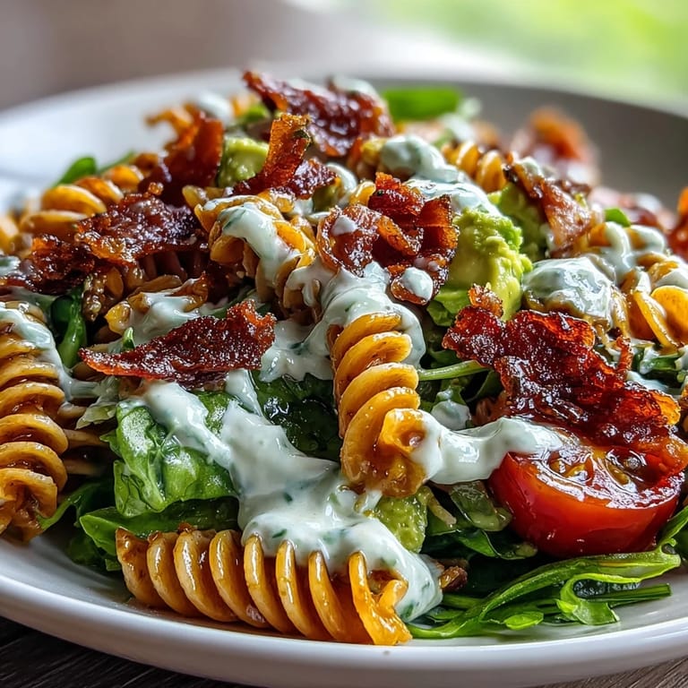 Fresh BLT pasta tossed in rich avocado ranch, featuring smoky bacon and crisp romaine, ideal for backyard BBQs.