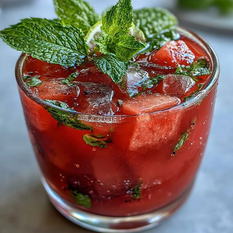 Vibrant pink watermelon mint lemonade served over ice with lemon wedges and mint sprigs, a cooling drink for hot afternoons.