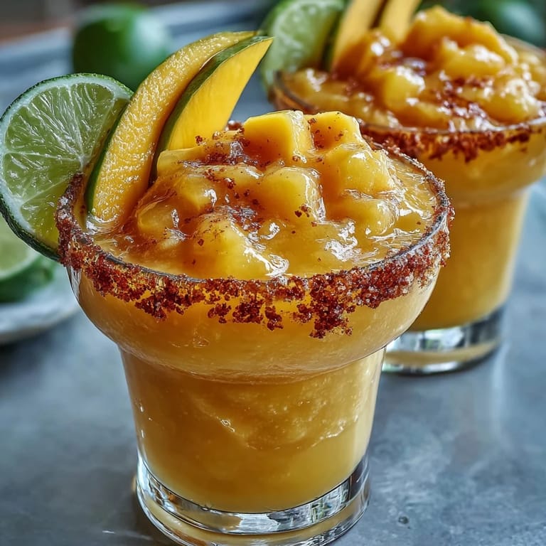 Vibrant frozen mango margarita mocktail served over ice with a Tajín-spiced rim and citrus slices.