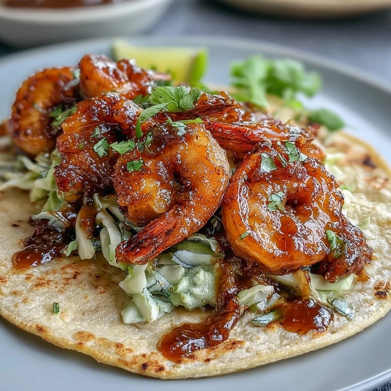 Sweet and savory honey garlic shrimp served in soft tortillas with crunchy red cabbage slaw.  