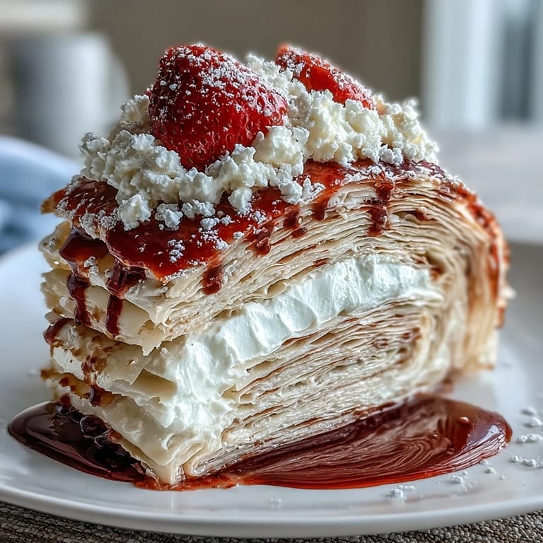 Slice into this stunning crepe roll cake to reveal alternating layers of tender crepes and sweetened whipped cream, garnished with vibrant mixed berries for a delightful treat.