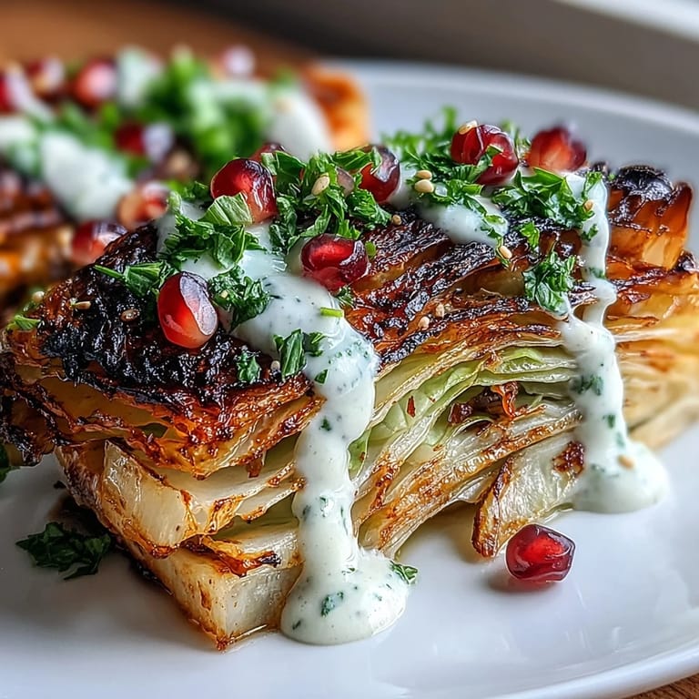 Grilled cabbage wedges topped with lemon-tahini drizzle, fresh herbs, and pomegranate arils—a healthy, gluten-free side bursting with flavor.