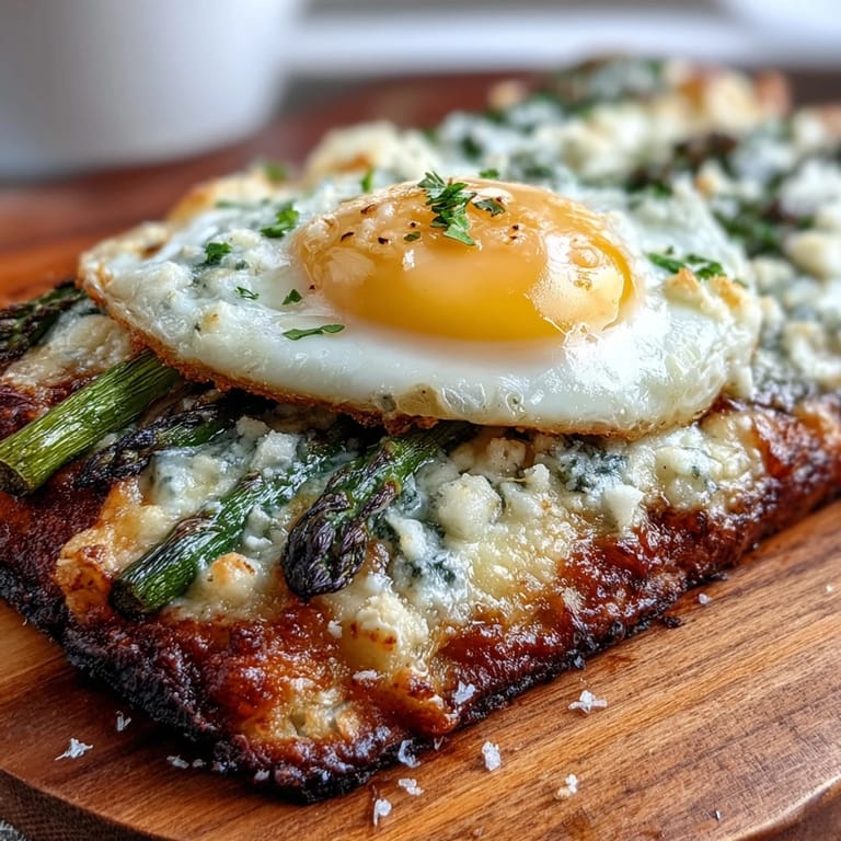 Crispy flatbread layered with asparagus, parmesan, and a soft egg, garnished with herbs and a hint of crushed red pepper.