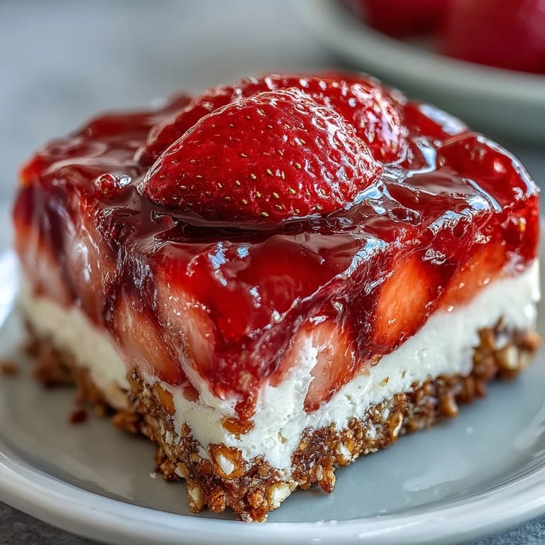 Sweet, salty, and fruity Memorial Day strawberry pretzel salad dessert delight.