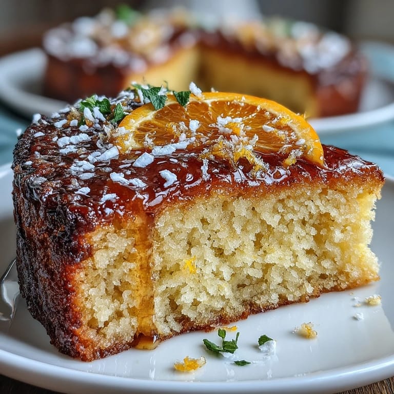 Homemade whole orange cake served on a rustic plate, with a slice revealing juicy orange flecks and a soft, moist texture.