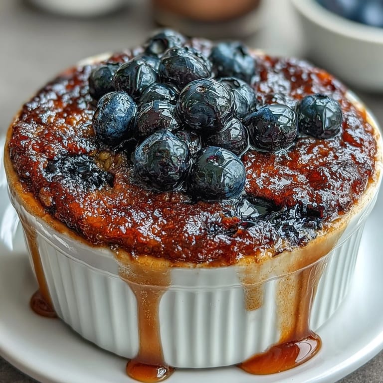 Single-serve blueberry baked oatmeal with a soft texture and a hint of maple sweetness.