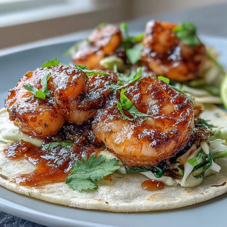 Glazed honey garlic shrimp tacos topped with zesty lime crema and fresh avocado slices.