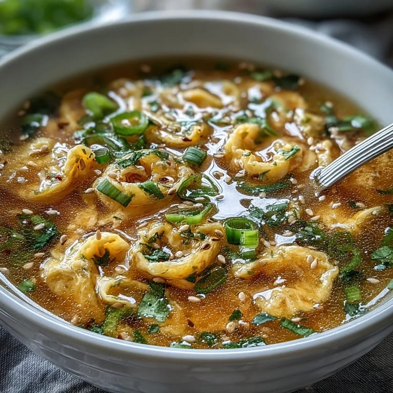 Warm and inviting homemade egg drop soup features tender egg ribbons in a rich broth, garnished with fresh scallions and sesame seeds.