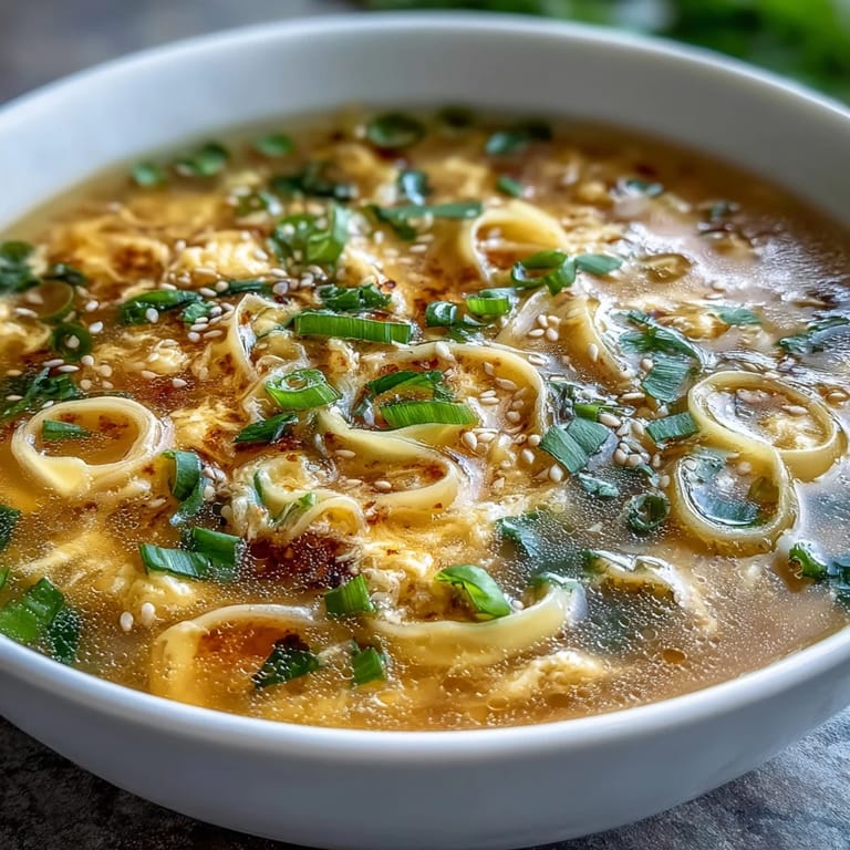 A bowl of delicate Chinese-style egg drop soup with silky egg strands in a steaming, flavorful broth topped with sliced scallions.  