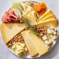 A rustic Winter Mountain Cheese Platter showcases a beautiful array of aged cheeses and charcuterie.