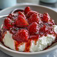 A vibrant bowl of creamy Greek yogurt topped with warm, juicy strawberry compote and crunchy almonds.