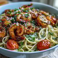 One-Pot Garlic Shrimp with Angel Hair pasta in a vibrant lemon-garlic sauce, featuring tender shrimp and fresh spring vegetables.  
