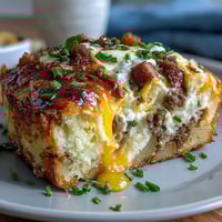 Hearty Overnight Amish Breakfast Casserole with sausage, potatoes, and melted cheese, baked until golden and bubbling.