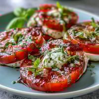 Ripe tomato and mozzarella slices layered with basil leaves, drizzled with fragrant homemade basil oil for a classic Caprese salad.