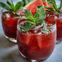 Refreshing watermelon mint lemonade with juicy watermelon cubes, zesty lemon slices, and fresh mint leaves in a chilled pitcher, perfect for summer parties.