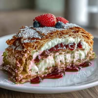 Beautiful crepe roll cake with delicate layers of paper-thin crepes and fluffy whipped cream, decorated with fresh berries and mint for an elegant dessert presentation.