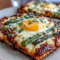 A crispy flatbread topped with fresh asparagus spears and a perfectly baked egg, finished with parmesan and lemon zest.