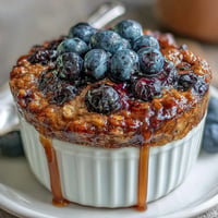 A warm baked oatmeal cup filled with juicy blueberries and topped with a drizzle of maple syrup.